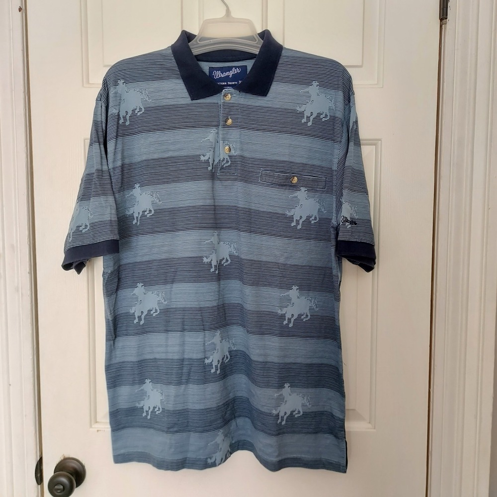 Wrangler Western Shirts Mens XL Blue Striped Cowboy Bronc Rider Polo Shirt